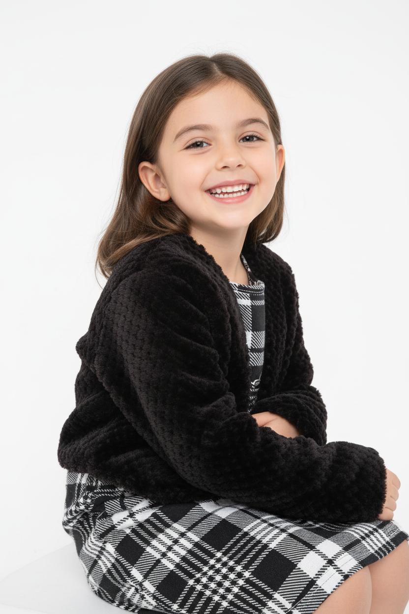 Fillette souriante portant ensemble cardigan moelleux ultra-doux sur robe à carreaux élégante - vue trois-quarts angle - pose cocooning heureuse - style champêtre chic - fond blanc studio - BabyCoton Suisse
