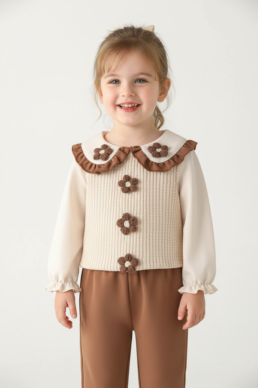 Gros plan détail ensemble haut avec appliqués floraux artisanaux et volants délicats - détails floraux brodés visibles - volants romantiques - fillette souriante - finitions premium - BabyCoton
