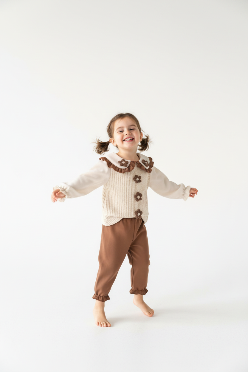 Fillette tournoyant dans ensemble haut appliqués floraux à volants et pantalon - pose dynamique joyeuse en mouvement - enfant heureuse - style fleuri romantique printanier - fond blanc studio professionnel - BabyCoton Suisse

