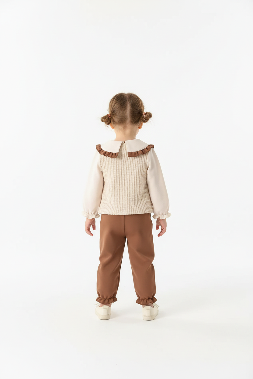 Fillette portant ensemble haut avec appliqués floraux et volants avec pantalon coordonné - vue de dos montrant arrière du haut fleuri - finitions soignées - fond blanc studio professionnel - BabyCoton
