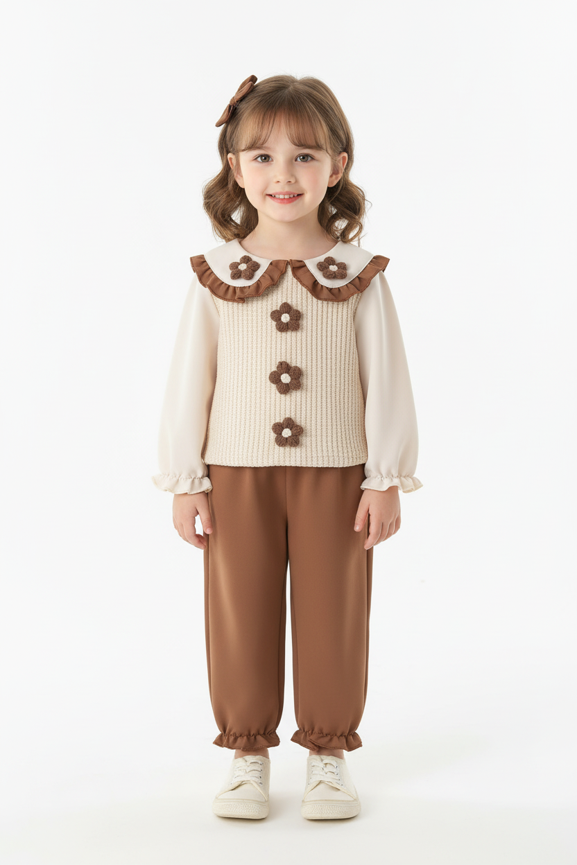 Fillette portant ensemble 2 pièces haut avec appliqués floraux délicats et volants romantiques avec pantalon coordonné - vue de face complète - style fleuri élégant printanier - fond blanc studio professionnel - vêtements fille BabyCoton Suisse

