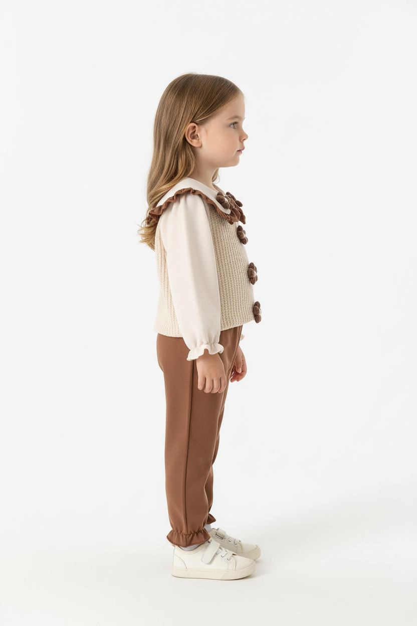 Fillette portant ensemble haut appliqués floraux à volants et pantalon - vue de profil latérale - silhouette élégante féminine - détails floraux visibles - fond blanc studio - BabyCoton Suisse
