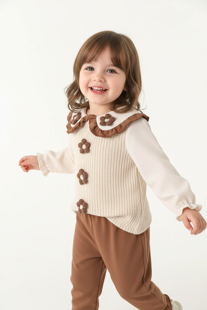 Fillette souriante portant ensemble haut appliqués floraux délicats à volants romantiques et pantalon - vue trois-quarts angle - pose ludique heureuse - style fleuri printanier - fond blanc studio - BabyCoton Suisse
