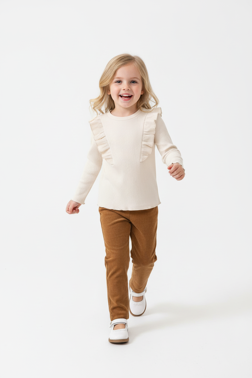 Fillette en mouvement portant ensemble haut côtelé à volants et pantalon velours côtelé - pose naturelle marchant - textures élégantes - enfant heureuse - fond blanc studio professionnel - vêtements fille BabyCoton Suisse

