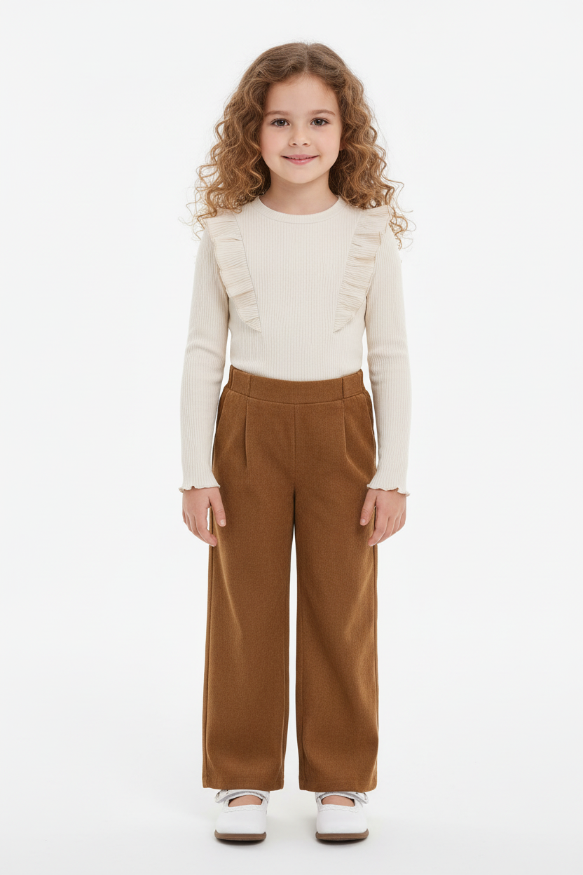 Fillette portant ensemble 2 pièces haut côtelé avec volants romantiques et pantalon velours côtelé - vue de face complète - textures élégantes raffinées - fond blanc studio professionnel - vêtements fille BabyCoton Suisse
