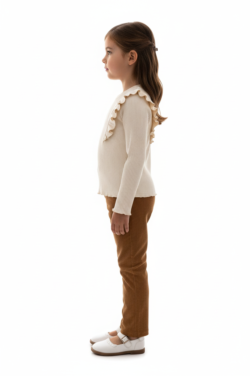 Fillette portant ensemble haut côtelé à volants et pantalon velours côtelé - vue de profil latérale - silhouette élégante texturée - fond blanc studio - BabyCoton Suisse
