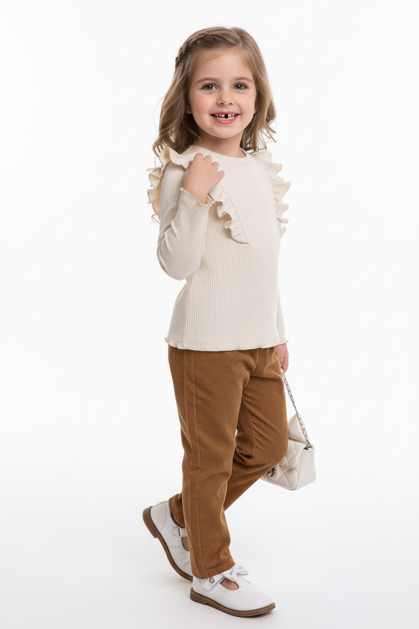 Fillette souriante portant ensemble haut côtelé à volants romantiques et pantalon velours côtelé - vue trois-quarts angle - pose élégante heureuse - style romantique chic - fond blanc studio - BabyCoton Suisse
