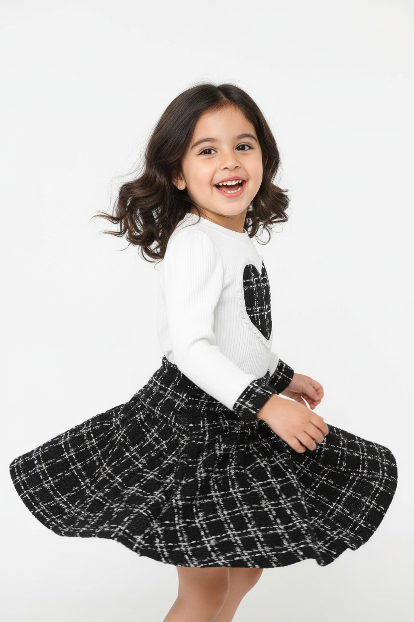 Fillette tournoyant dans ensemble haut cœur à carreaux et jupe - pose dynamique jupe en mouvement - enfant heureuse joyeuse - style romantique champêtre élégant - fond blanc studio professionnel - BabyCoton Suisse
