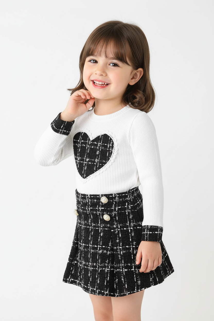 Fillette souriante portant ensemble haut motif cœur adorable sur carreaux et jupe élégante - vue trois-quarts angle - pose douce heureuse - style romantique champêtre - fond blanc studio - BabyCoton Suisse
