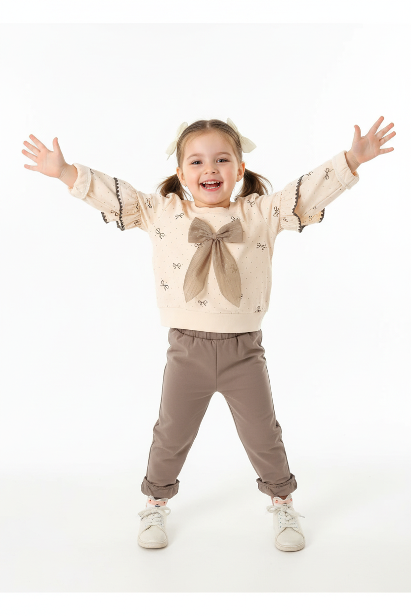 Fillette en pose ludique portant ensemble haut nœud et manches à volants avec pantalon - bras levés montrant volants romantiques - enfant heureuse joyeuse - style romantique élégant - fond blanc studio professionnel - BabyCoton Suisse
