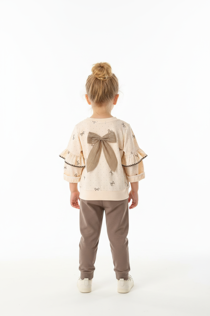 Fillette portant ensemble haut avec nœud et manches à volants avec pantalon coordonné - vue de dos montrant arrière du haut romantique - finitions soignées - fond blanc studio professionnel - BabyCoton
