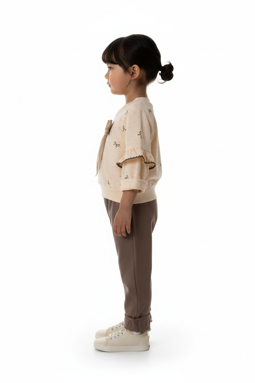 Fillette portant ensemble haut nœud et manches à volants avec pantalon - vue de profil latérale - silhouette élégante féminine - volants romantiques visibles - fond blanc studio - BabyCoton Suisse
