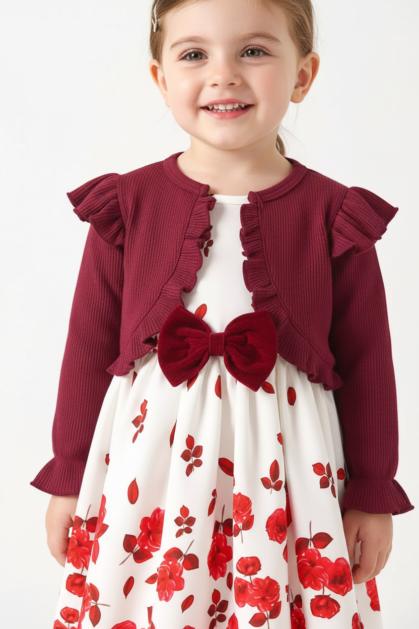 Gros plan détail ensemble robe avec nœud romantique et cardigan à volants délicats - détails nœud et volants visibles - fillette souriante heureuse - finitions artisanales premium - BabyCoton
