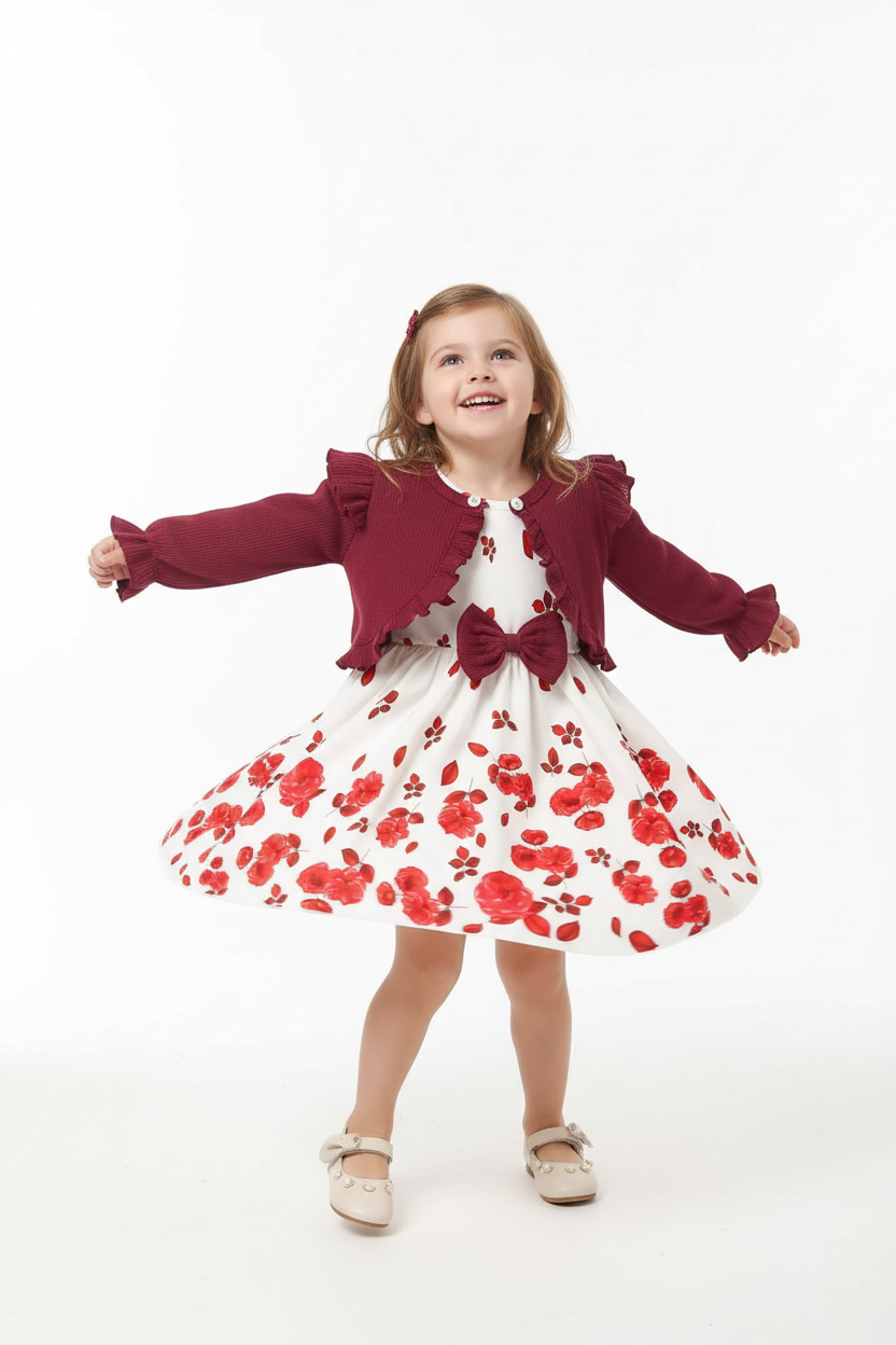 Fillette tournoyant dans ensemble robe nœud et cardigan à volants - pose dynamique robe et cardigan en mouvement - enfant heureuse joyeuse - style élégant princier romantique - fond blanc studio professionnel - BabyCoton Suisse
