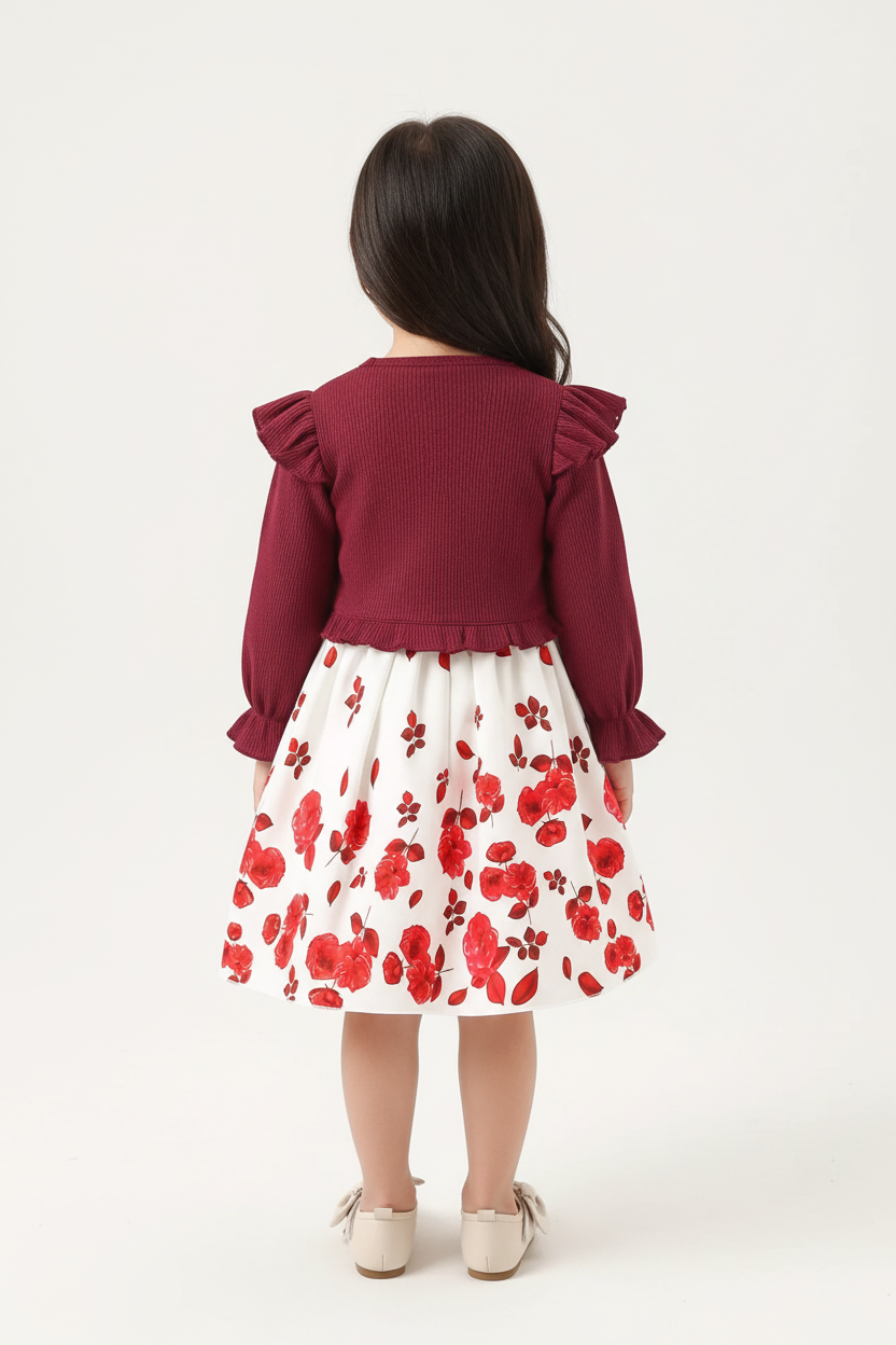 Fillette portant ensemble robe avec nœud et cardigan à volants - vue de dos montrant arrière de la robe et cardigan romantique - finitions soignées - fond blanc studio professionnel - BabyCoton
