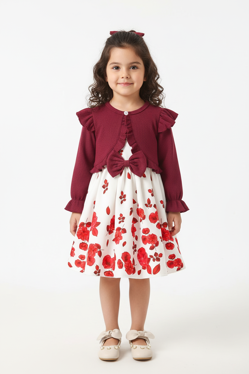 Fillette portant ensemble 2 pièces robe avec nœud adorable et cardigan à volants romantiques - vue de face complète - style élégant princier - fond blanc studio professionnel - vêtements fille BabyCoton Suisse
