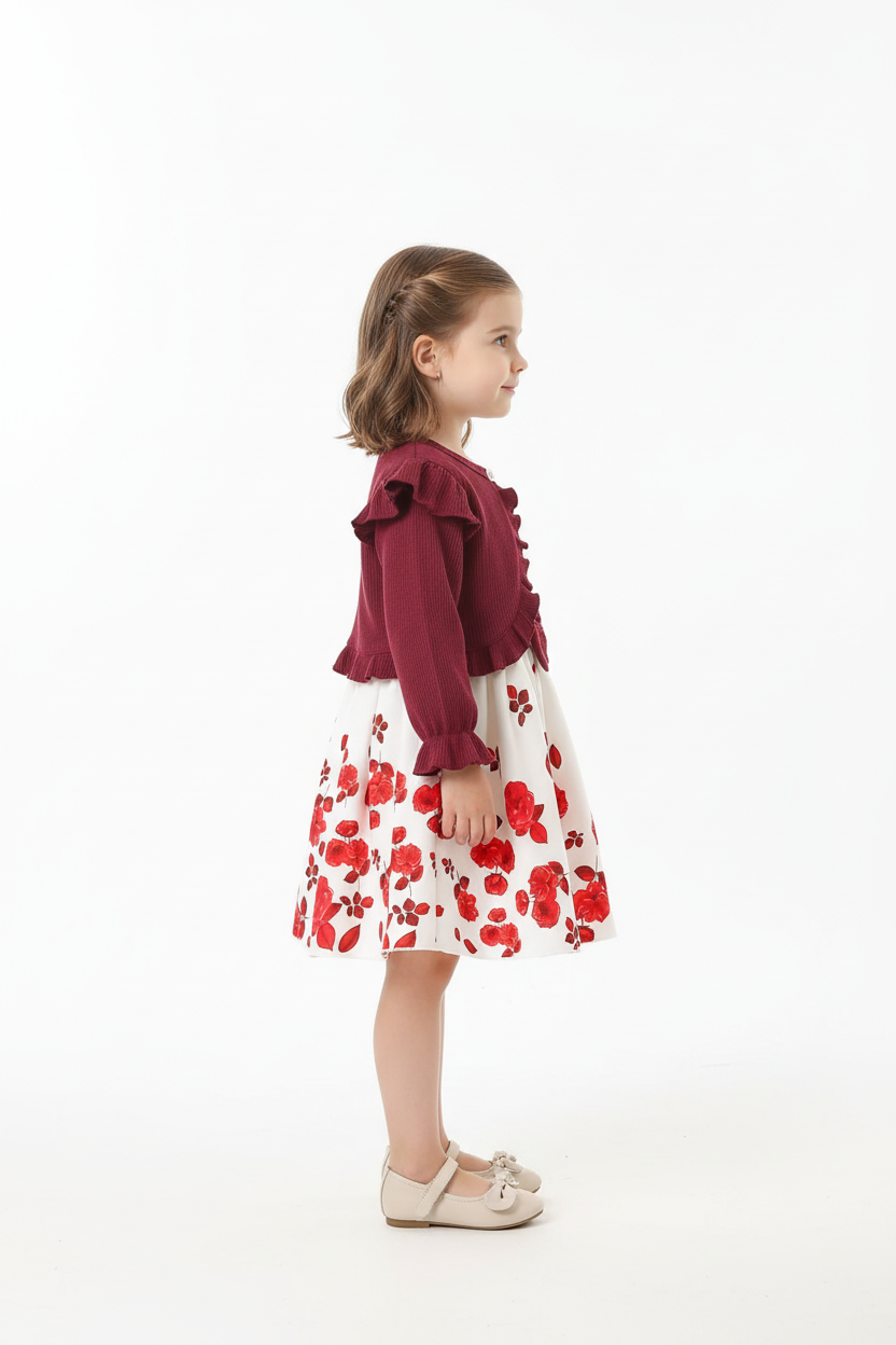 Fillette portant ensemble robe nœud et cardigan à volants - vue de profil latérale - silhouette élégante féminine - volants romantiques visibles - fond blanc studio - BabyCoton Suisse
