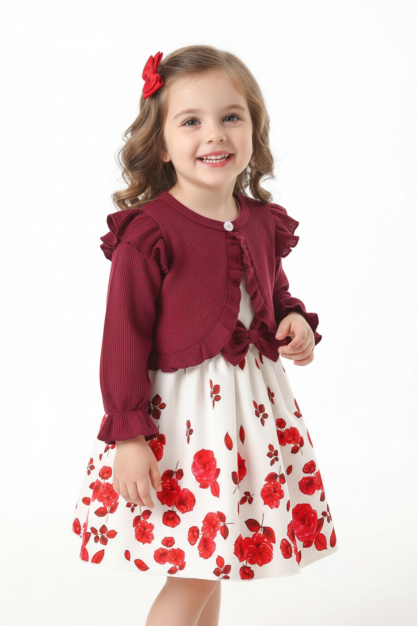 Fillette souriante portant ensemble robe nœud adorable et cardigan à volants romantiques délicats - vue trois-quarts angle - pose élégante heureuse - style princier raffiné - fond blanc studio - BabyCoton Suisse
