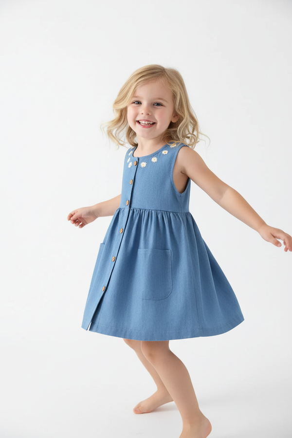 Fillette en mouvement portant robe denim marguerites brodées boutonnée - pose naturelle ludique - charme champêtre décontracté -  professionnel - BabyCoton Suisse
