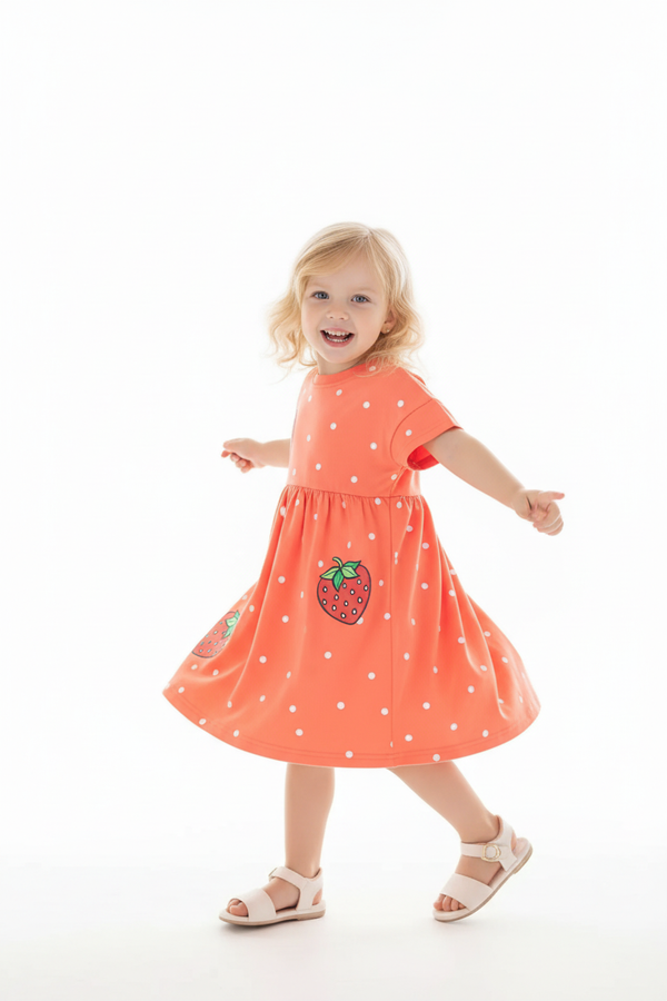 Fillette en mouvement portant robe décontractée imprimé fraises - pose naturelle ludique - style fruité estival joyeux -professionnel - BabyCoton Suisse
