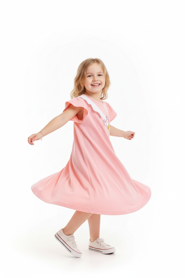 Fillette tournoyant dans robe motif oie manches à volants - pose dynamique ludique - enfant heureuse - charme adorable - fond blanc studio professionnel - BabyCoton Suisse
