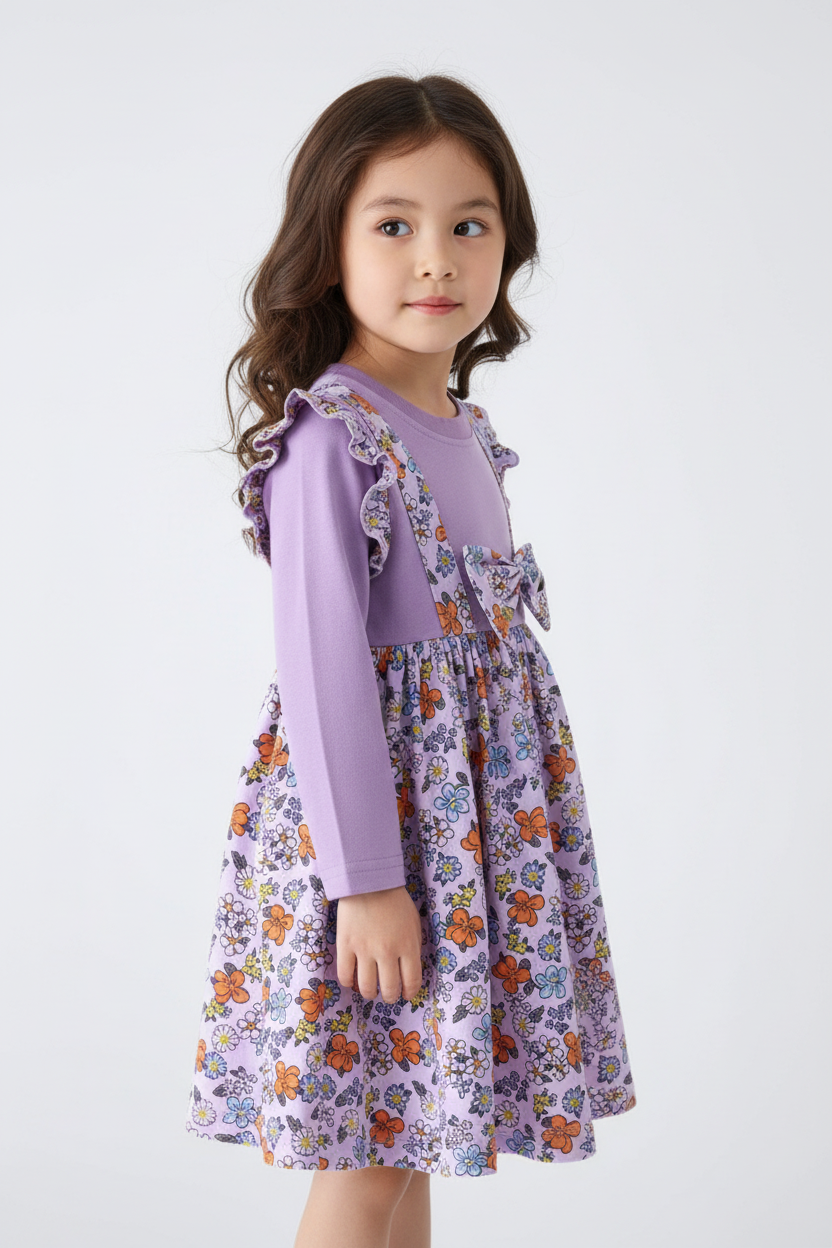 Fillette portant robe violette à fleurs - vue de côté