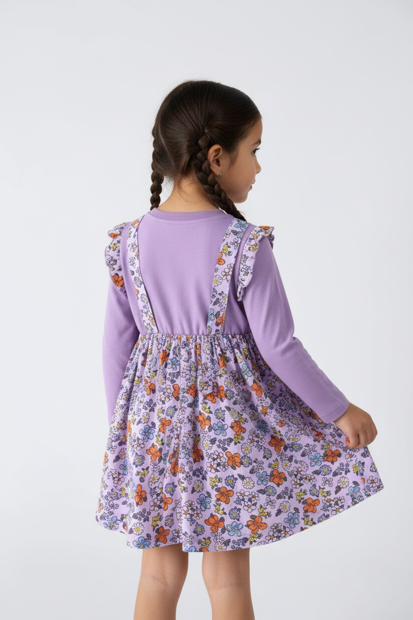 Fillette portant robe violette à fleurs - vue de dos