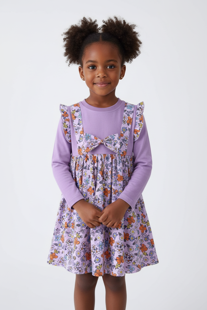Fillette  portant robe violette à fleurs - vue de face