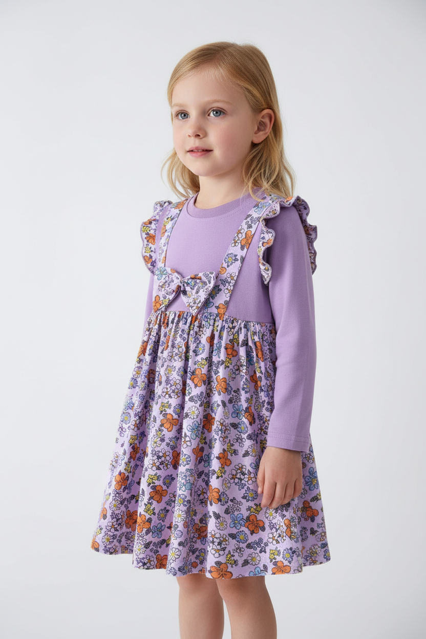 Fillette portant robe violette à fleurs - vue trois-quarts