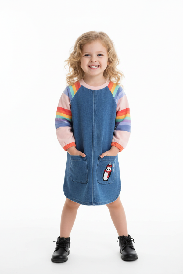 Fillette avec mains dans poches de robe denim raglan - démonstration fonctionnalité poches - photo lifestyle fond blanc - BabyCoton Suisse
