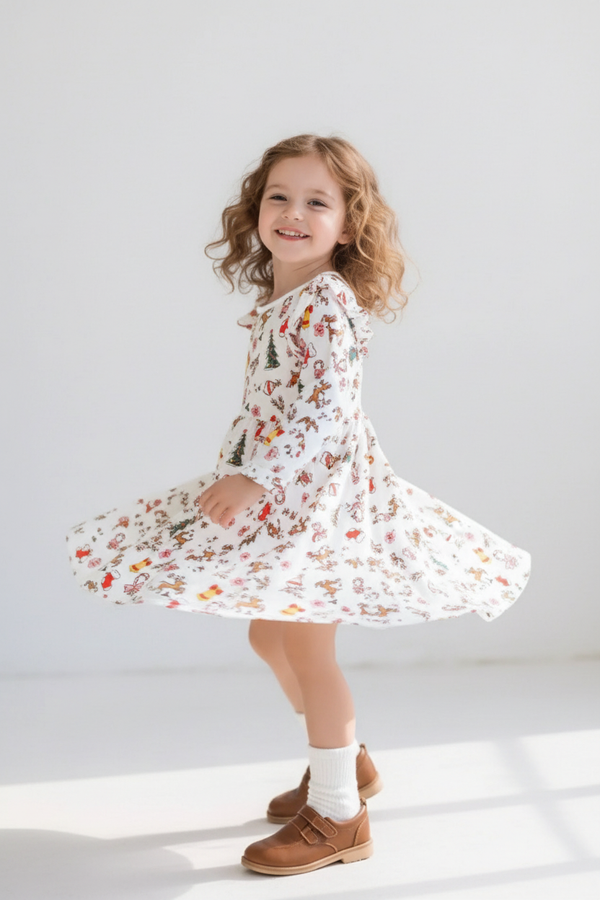 Fillette portant robe Noël manches longues - vue trois-quarts arrière - détail coupe et finitions volantées - photo produit fond blanc - BabyCoton
