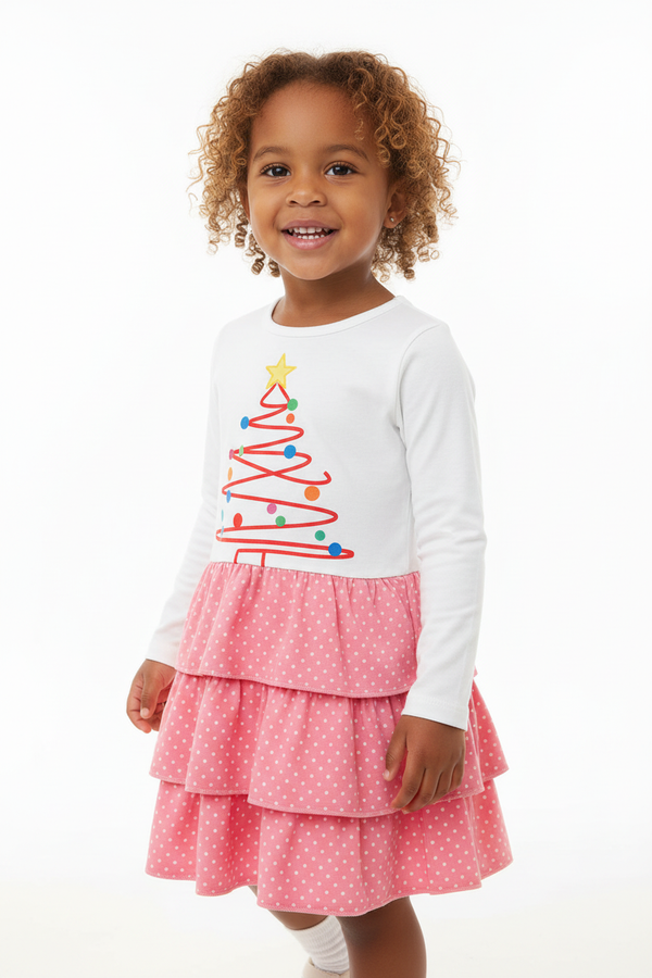 Fillette portant robe sapin de Noël volants étagés - vue trois-quarts - détail motif festif et volants - photo produit fond blanc - BabyCoton Suisse
