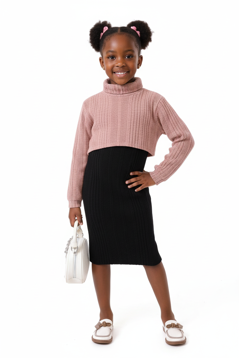 Fillette en robe tricot côtelé bicolore - pose fashionista confiante - style moderne élégant - photo lifestyle fond blanc - BabyCoton Suisse
