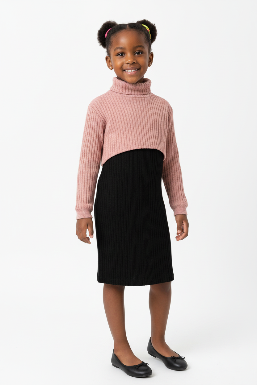 Fillette portant robe tricot côtelé bicolore - vue trois-quarts - détail design bicolore sophistiqué - photo produit fond blanc - BabyCoton Suisse

