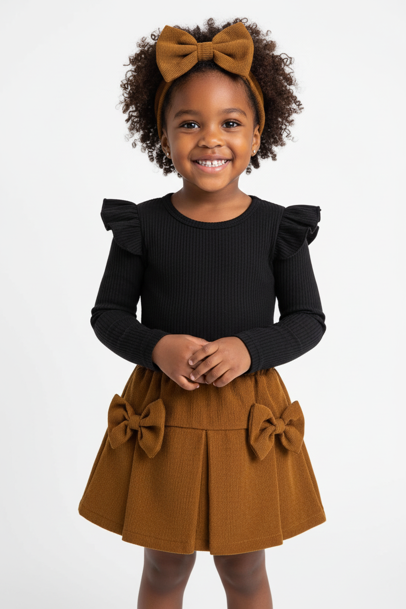  Fillette souriante face caméra portant ensemble haut à volants noir et jupe moutarde - portrait studio chaleureux