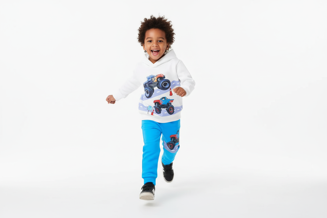 Garçon courant joyeusement en portant un hoodie blanc avec motifs monster trucks colorés et pantalon bleu assorti
