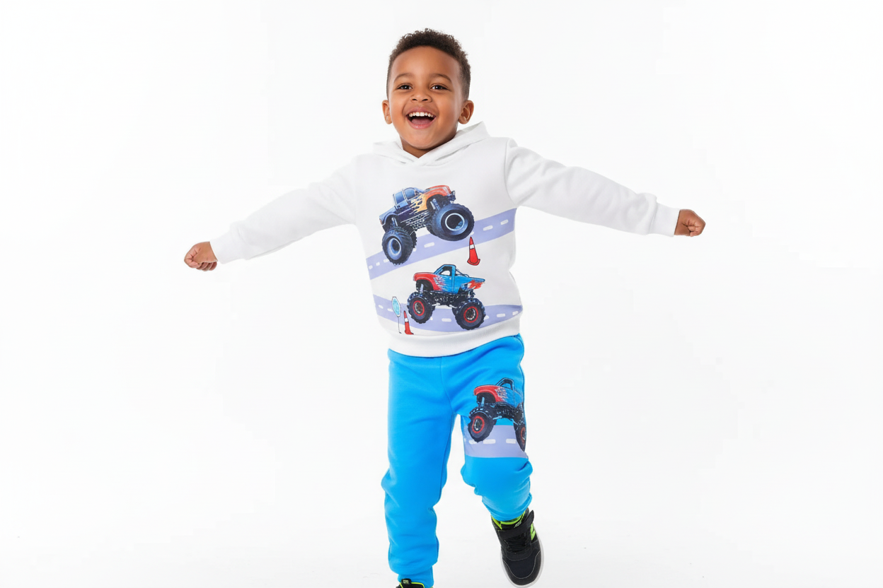 Garçon  dansant avec bonheur en portant un hoodie blanc avec motifs monster trucks colorés et pantalon bleu assorti
