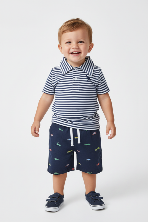 Garçon en ensemble polo rayé marine blanc dinosaure et short marine imprimé dinosaures voitures requins - vue de face - BabyCoton