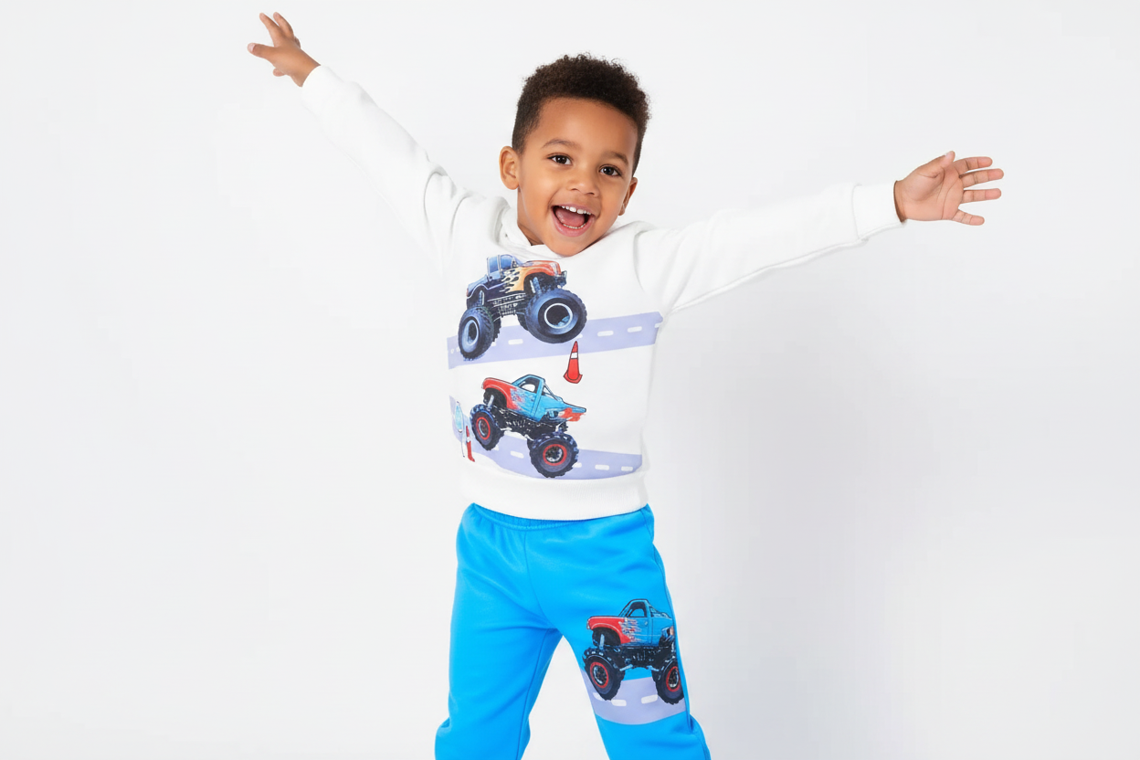 Garçon  jouant activement en portant un hoodie blanc avec motifs monster trucks colorés et pantalon bleu assorti
