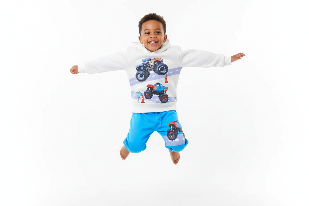 Garçon sautant en l'air avec joie en portant un hoodie blanc avec motifs monster trucks colorés et pantalon bleu assorti

