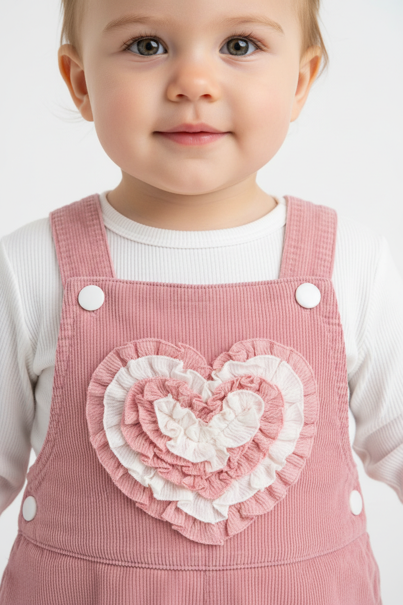 Gros plan bébé avec cœur 3D rose et blanc sur salopette