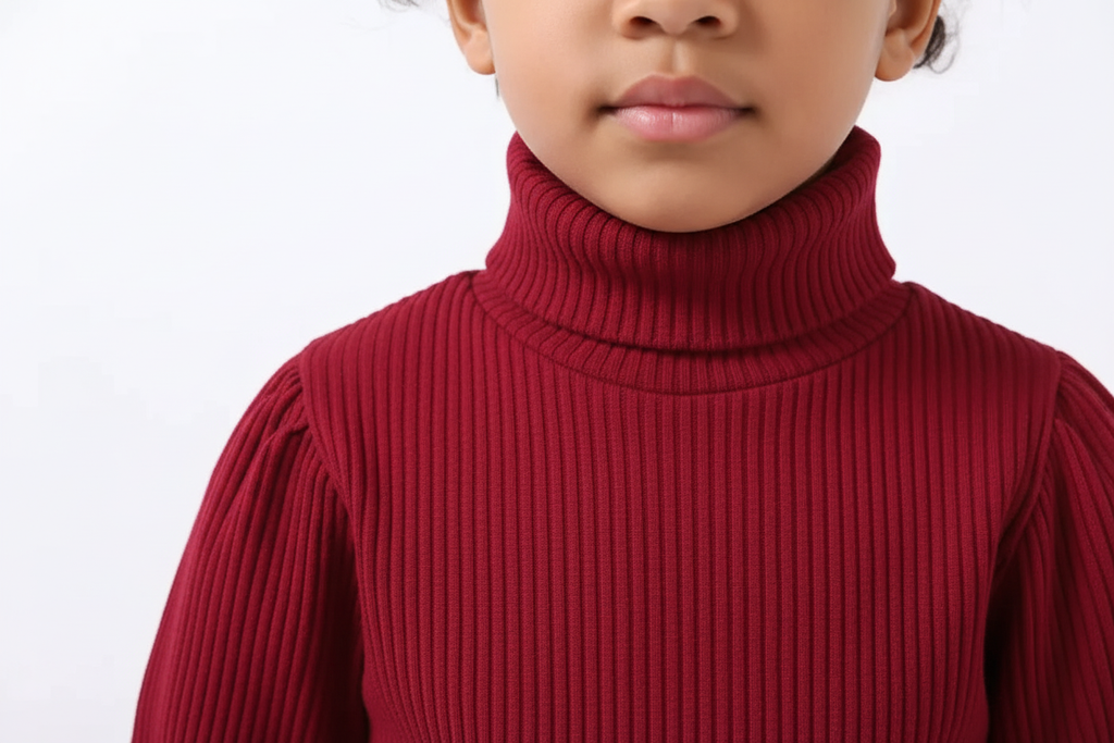 Gros plan sur les détails du col roulé côtelé rouge bordeaux de l'ensemble élégant pour petite fille
