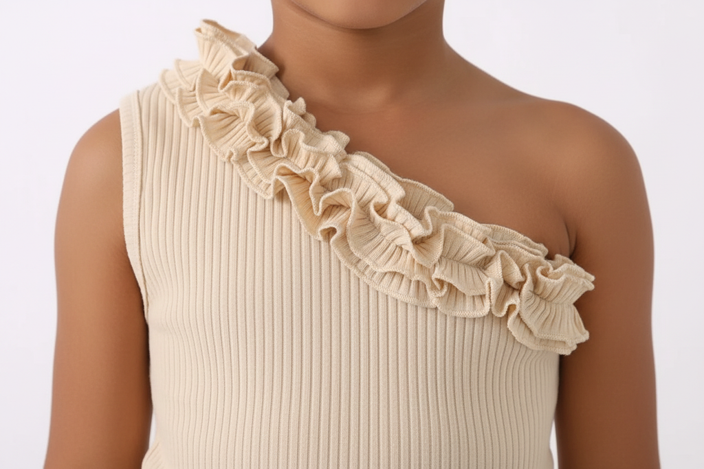 Gros plan sur les détails du haut asymétrique beige côtelé à volants de l'ensemble unique pour fille
