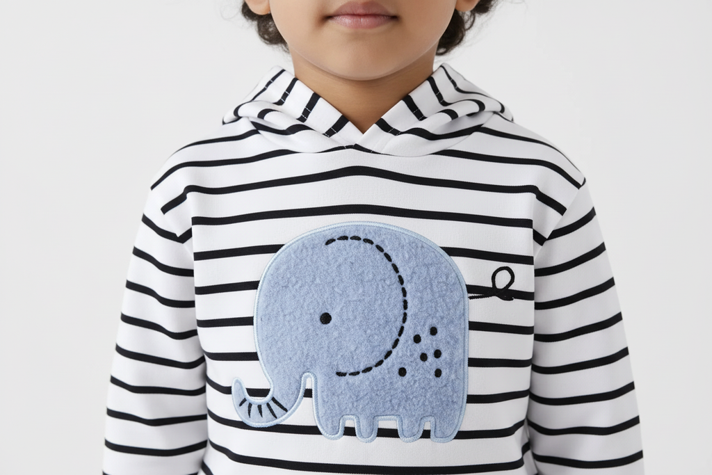 Gros plan sur les détails du hoodie blanc à rayures noires avec appliqué éléphant bleu de l'ensemble safari pour enfant
