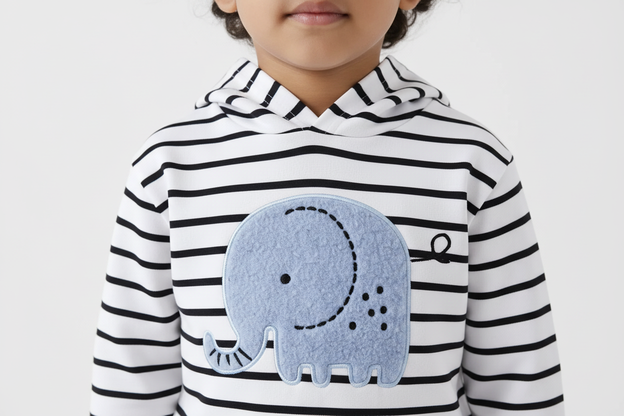 Gros plan sur les détails du hoodie blanc à rayures noires avec appliqué éléphant bleu de l'ensemble safari pour enfant
