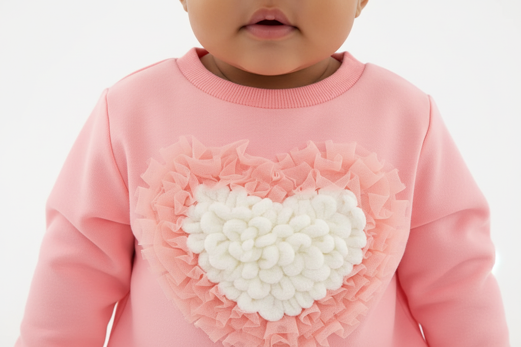 Gros plan sur les détails du sweat rose col rond avec appliqué cœur en relief rose et blanc de l'ensemble douceur pour bébé
