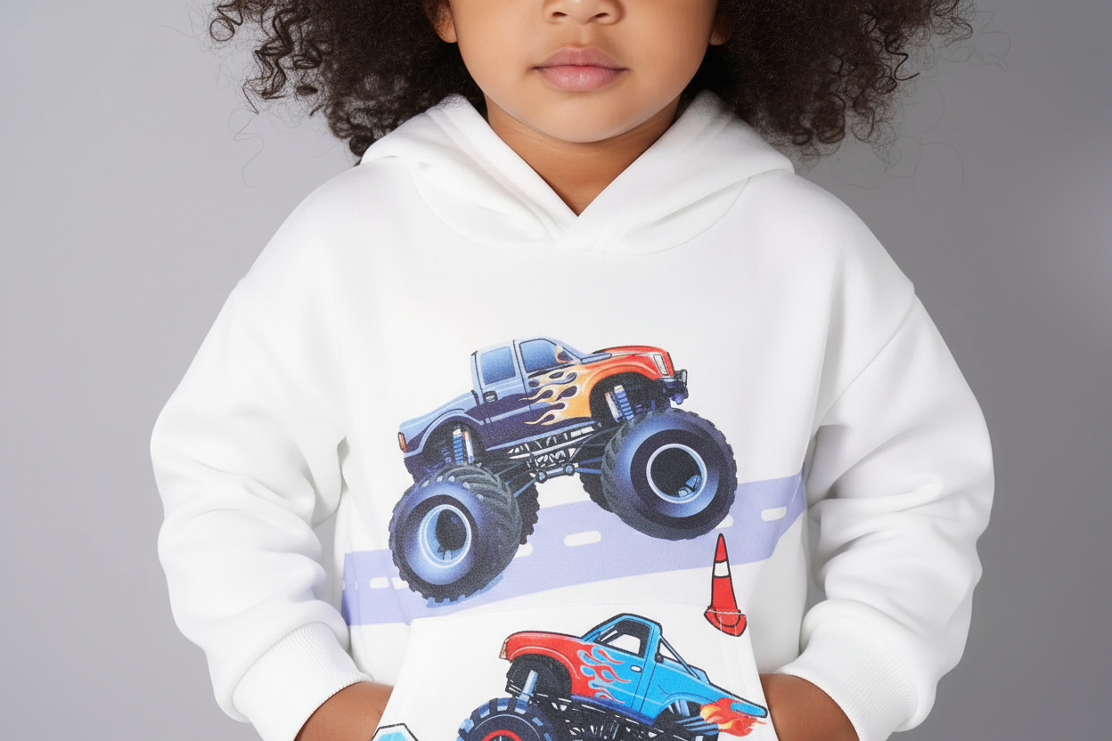Gros plan sur les détails du hoodie blanc avec motifs monster trucks colorés de l'ensemble aventure pour petit garçon

