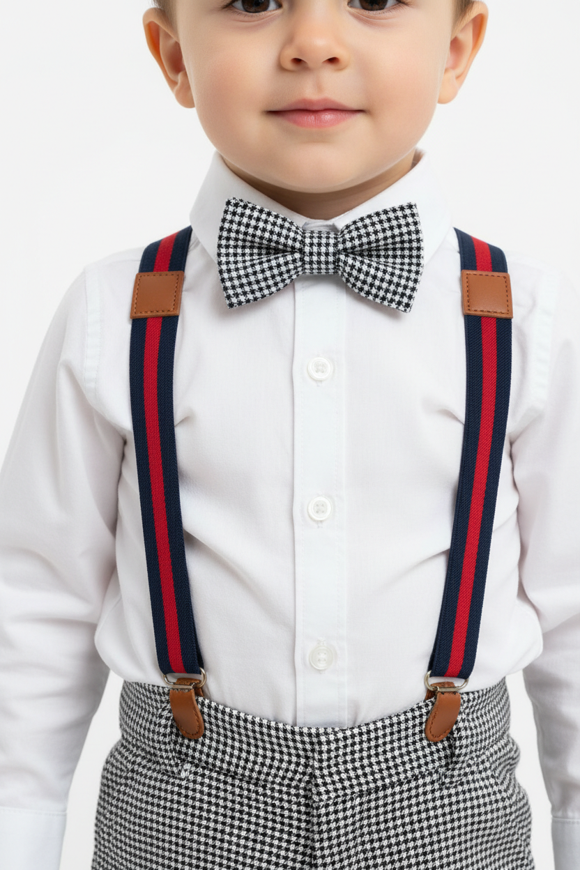 Gros plan enfant avec chemise, nœud papillon pied-de-poule et bretelles cuir