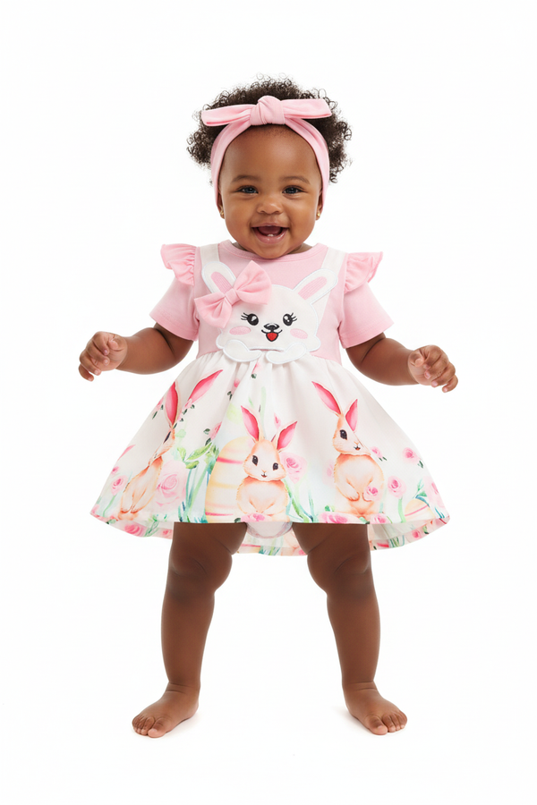 Angle bas dynamique — bébé fille en ensemble lapin rose fuchsia BabyCoton, jupe imprimée lapins