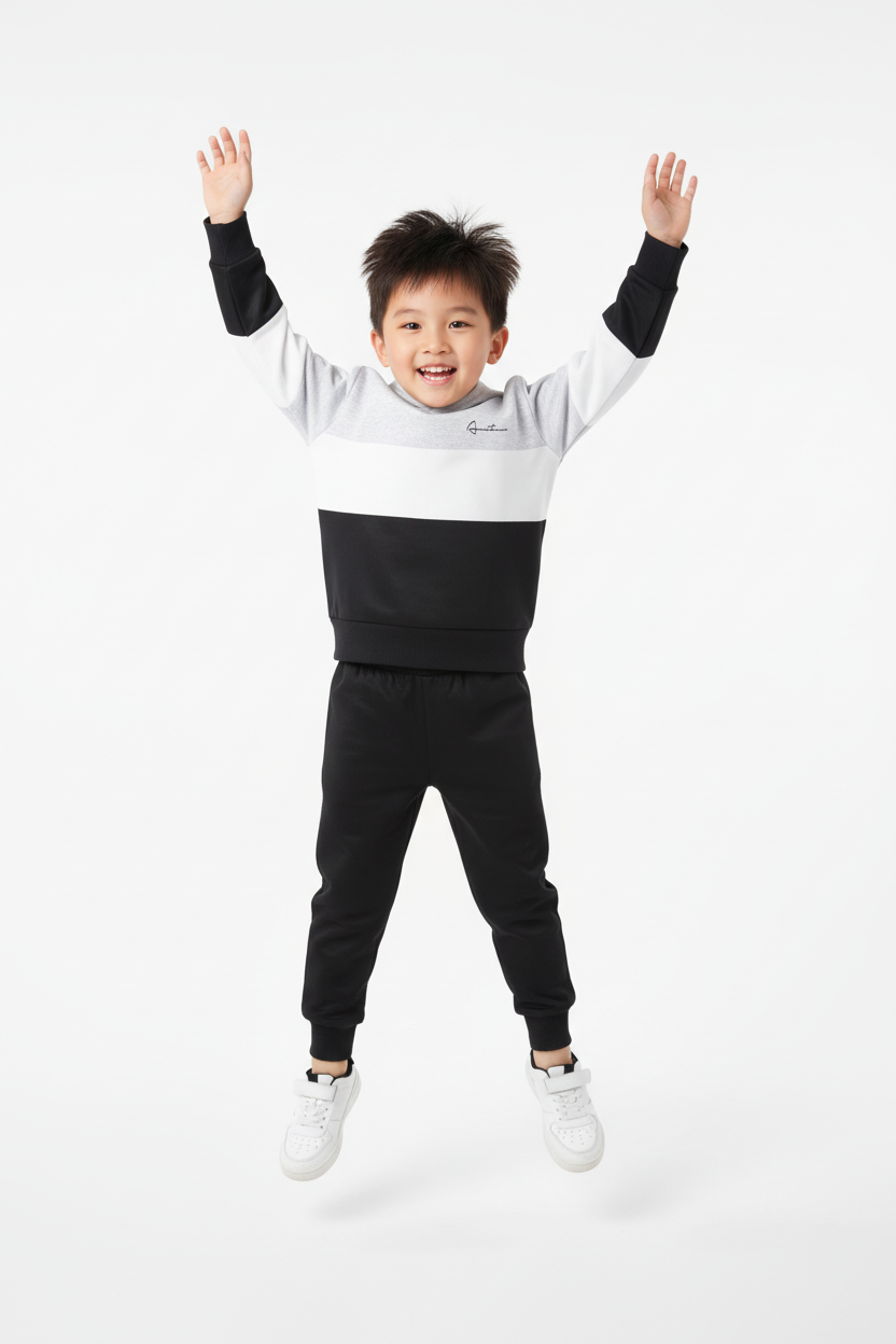 Enfant en pose ludique avec ensemble hoodie casual bicolore - photographie studio professionnelle fond blanc